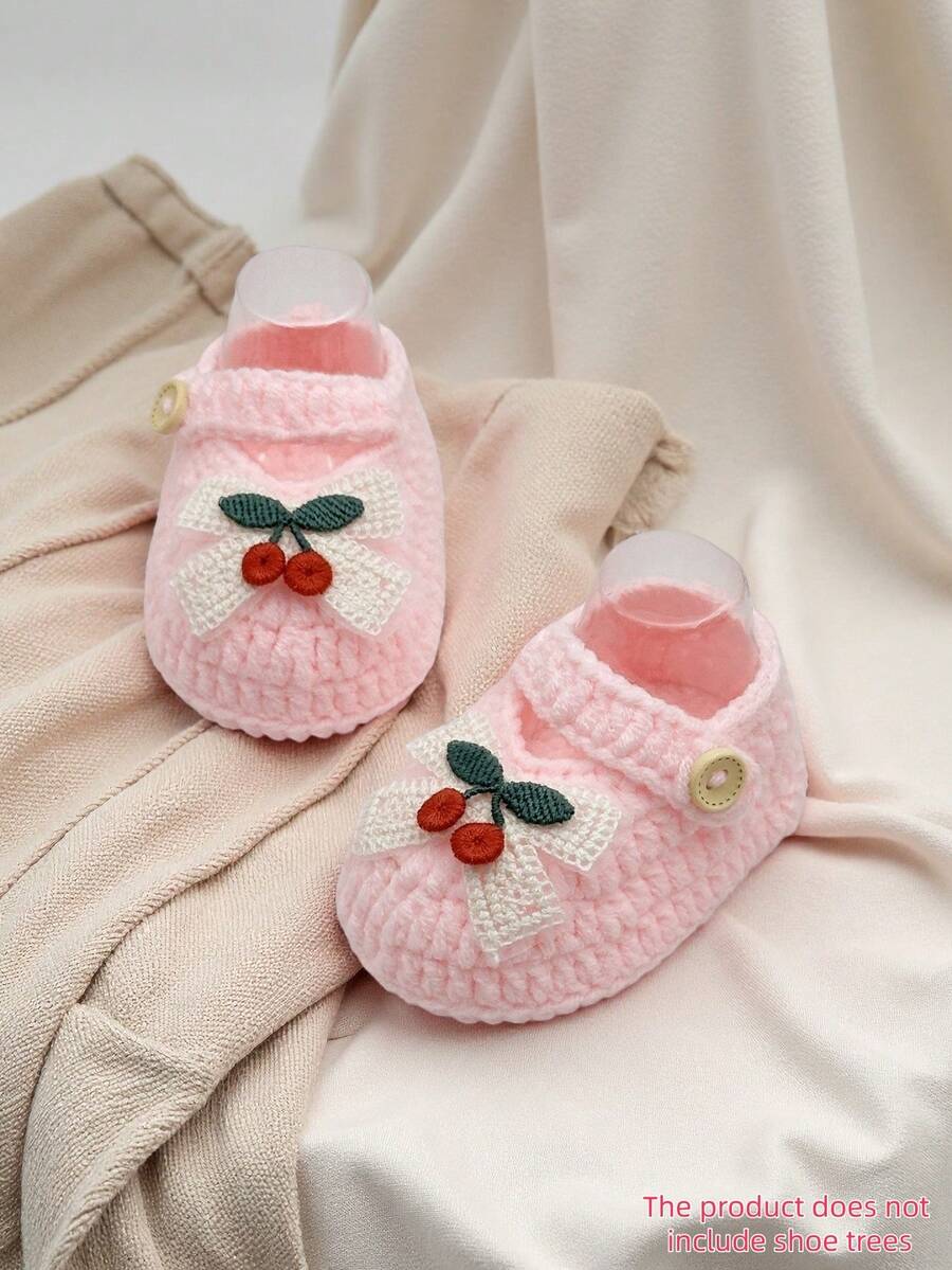 1 Pair Baby Girls' Cherry Mary Jane Ankle Boots, White Knit With Button Strap - Baby Pink - View 1