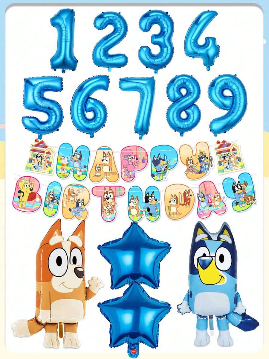 Bluey主题卡通生日派对用品铝膜气球套装横幅横幅气球，小狗生日派对装饰套装横幅横幅气球节日装饰用品，橙色挥手狗和蓝色站立狗，配18英寸蓝色星星，适合生日周年派对装饰 - 彩色 - 查看 1