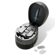 二合一切药器兼储物盒，可将药片切成两半或四分之一，隐藏式刀片设计，底部储物格，适用于各种形状的药片，便携式切药器 - 黑色 - 查看 12