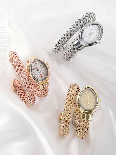 Luxe Br Snake Shaped Horloge Bracelet Wrapped Hollow Quartz