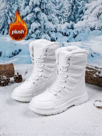 Women's Snow Boots, New Autumn/Winter High-Top Mid-Calf Lace-Up Comfortable Thick-Soled Non-Slip Durable Solid Black Casual Boots, Suitable For Young Women, Fashionable Outdoor Hiking Adventure, Thick Plush Lining, Waterproof, Warm, Comfortable