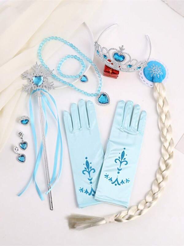 Princess Costume Accessories Set - Blue Crystal Crown, Wand, Jewelry And Gloves, Children's Birthday Party Girls Roleplay Outfit Kit, Cute Princess Roleplay Accessories Set - Shiny Blue Crystal Crown, Wand, Jewelry Set With Gloves, Suitable As Pretend Play Gift For Little Girls