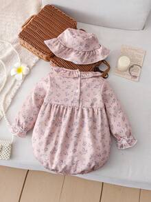 2pcs/Set Newborn Baby Girls Cute Stylish Long Sleeve Bodysuit And Hat, Spring/Autumn Outfit
