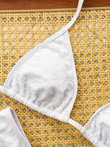 新款纯色蕾丝拼接露背系带三角杯比基尼套装（含巴西式泳裤） - 白色 - 查看 3