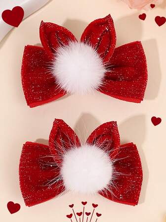 2pcs Christmas Bow Faux Fur Pom Pom Velvet Bow Hair Clips, Suitable For Autumn/Winter Daily And Holiday Party Wear, Rabbit Ear Design, Fashionable And Cute, For Girls And Kids