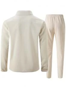 2pcs Men's Set: Fashionable Zip-Up Solid Color Collar Jacket With Pockets + Drawstring Waist Pants, Lightweight Casual Outfit For Spring/Autumn, Suitable As Gift For Boyfriend - Khaki - View 3