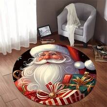 Weihnachts-Rundteppich - Vintage Weihnachtsmann und Rentier Design, fleckabweisend, leicht, maschinenwaschbarer Polyester-Teppich, geeignet für Wohnzimmer, Schlafzimmer, Innenraum-Feiertags-Dekoration, rutschfester Memory-Schaum Küchenteppich - Verschiedenfarbig - Übersicht 10