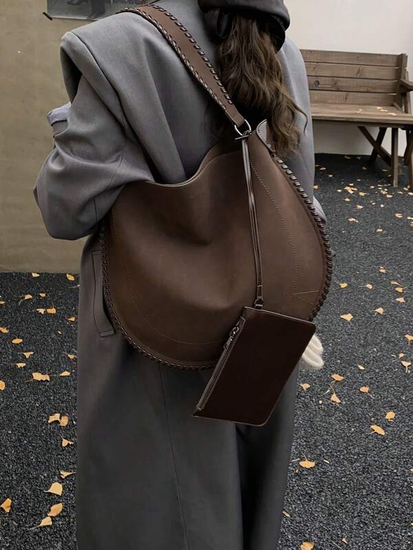 Women's Handbag, Fashion Minimalist Elegant Matte PU Rope Crescent Bag, Large Capacity With Small Pouch