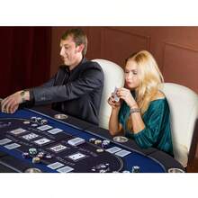 Mesa de póquer plegable para 8 jugadores, mesa de póquer Blackjack Texas Holdem con rieles acolchados y portavasos de acero inoxidable, mesa de juego de mesa plegable portátil, mesa de ocio de casino ovalada de 72 pulgadas, azul - 8 jugadores - Ver 9