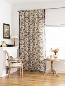 1pc Vintage Floral Print Curtain, Black Floral Print With Black Tassel Decor, Suitable For Living Room, Kitchen, Bedroom, Study, Balcony, Patio, Suitable For Home, Room, All Season - Black and White - View 5