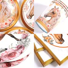 10pcs Gold Rim Floral Horse Design Disposable Plates, Napkins And Cups, Suitable For 10 Guests, One-Time Paper Plates Party Supplies For Birthday Party, Family Picnic - Multicolor - View 3