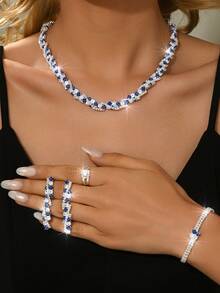 Juego de joyería de 5 piezas de lujo con cristal y circonita cúbica para mujeres, collar y aretes de ojo azul malvado, pulsera, combinación de anillo, noble y elegante, y versátil, el mejor accesorio para bodas, fiestas y todas las ocasiones - Juego de accesorios de 5 piezas - Ver 12