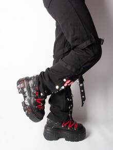 Punk Style Fashion Women's Flat Platform Ankle Boots Black Red High Heels Round Toe Thick Sole Rock Booties Metal Decor Y2k Gothic Halloween Sports Shoes - 黑色 - 查看 5