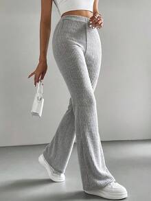 Novedades en moda femenina: pantalones casuales elásticos de cintura alta, sencillos, de color liso, con ribetes y corte ajustado, ligeramente acampanados, nuevo estilo para primavera/otoño, pantalones acampanados, pantalones casuales de color liso para mujer, de punto acanalado, pantalones ajustados versátiles y a la moda. - Gris - Ver 3