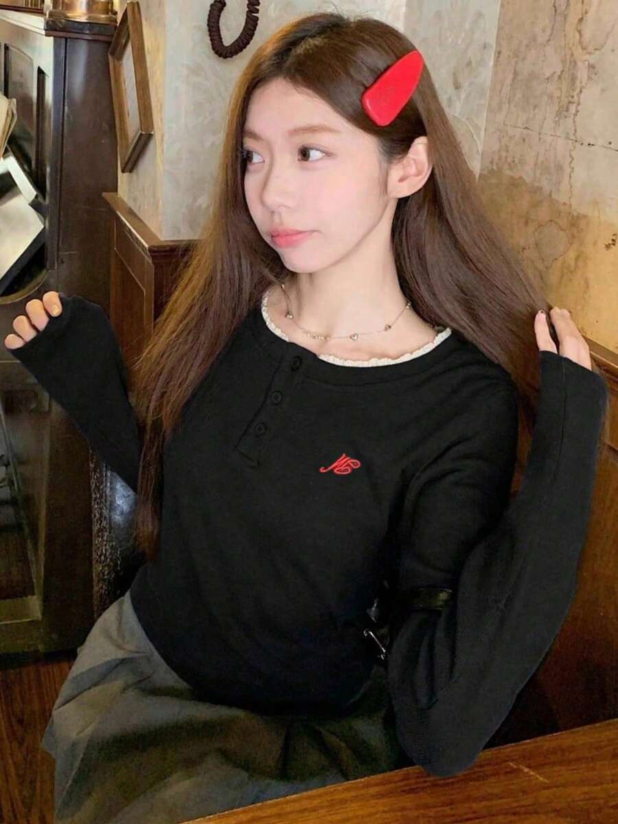女士优雅韩版灰色刺绣长袖针织上衣,弹力设计,秋/春季黑色 - 黑色 - 查看 1