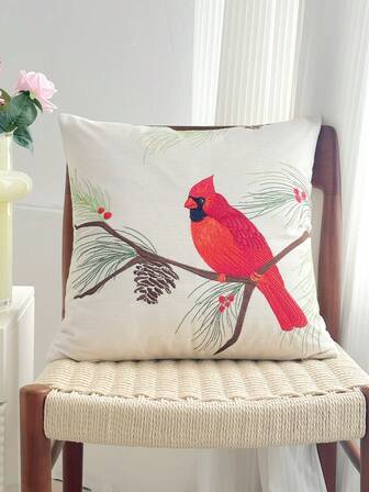 1pc Christmas Red Cardinal Bird & Mushroom Embroidered Throw Pillow Cover, Home Decor Suitable For Living Room, Bedroom, Party, Car And Various Environments