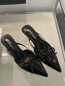 Tacones de aguja franceses de tacón medio, zuecos con lazo, sandalias de tiras finas y sin talón para mujer, versátiles para primavera y otoño, tacones de gatito - Negro - Ver 7