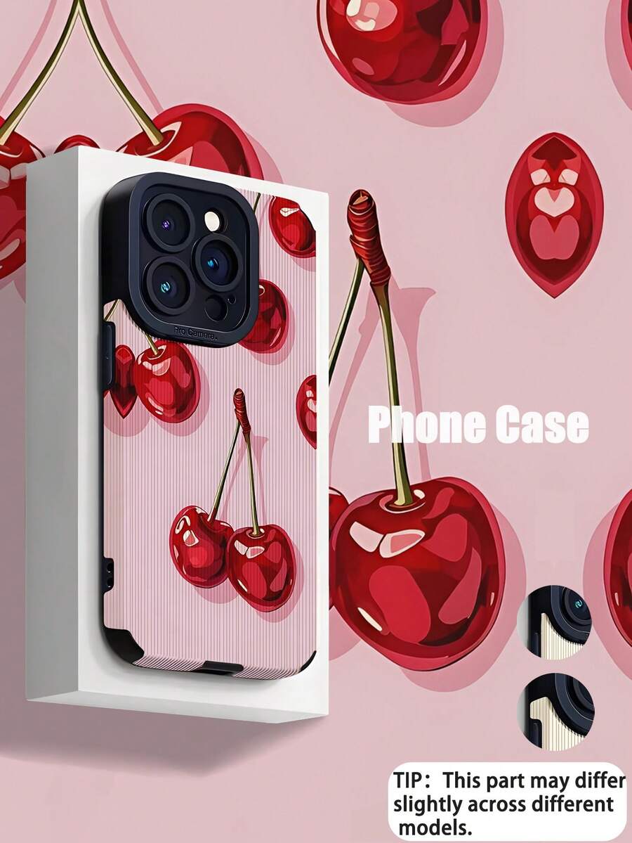 1pc Fashion Personalized Cherry Pattern Vertical Striped High-End Faux Leather Anti-Fall Anti-Fingerprint Shock-Proof Phone Case, Suitable As Birthday, Holiday Gift For Friends, Family, Couples, Compatible With Apple And Models - Multicolor - View 1