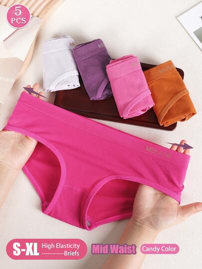 5条装无缝中腰美拉德彩色女士三角裤提臀高弹力舒适透气女士内衣平腹紧身内裤
