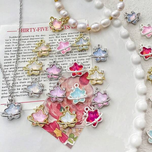 Set de 5 colgantes con forma de estrella de colores, accesorios de joyería DIY con incrustaciones de circonita, colgante de estrella lindo