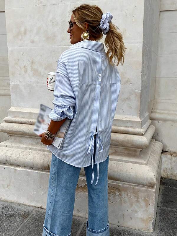 Women's Stylish Striped Shirt Collar Long Sleeve Blouse With Tie Back Details Regular Fit Polyester Top