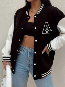 Plus Size Baseball Jacket Features A Minimalist "A" Lettering Design On The Chest Casual And Versatile Style Warm Outer Layer For Fall And Winter Suitable For Everyday Wear And Sports Activities Perfect For Home And Campus Looks