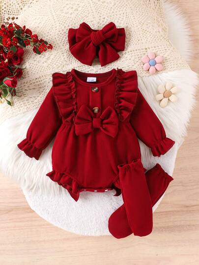 1 Set Baby Girls' Cute & Cozy Long Sleeve Romper + Headband + Leg Warmers, Autumn/Winter