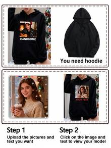 Personalized Text/Photo Printed Thermal Lined Sweatshirt For Women, Black, Customized With Friend/Family/Couple/Pet Photos, Birthday/Anniversary/Christmas, Input Your Text/Blessing/Name/Meaningful/Fun Content, Casual Pullover Sweatshirt, Women Black Sweatshirt, Valentine's Day Personalized Design, Autumn/Winter Clothing, Women's Top, Birthday Gift - Black - View 4