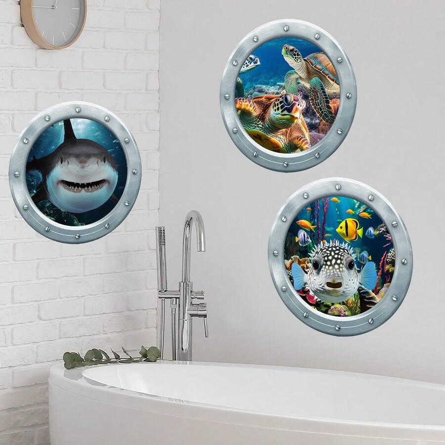 3D Shark Wall Decals 3-Pack - Ocean Themed Bathroom Stickers For Kids, Waterproof Removable Sea Animal Decor For Toilet Tile Mirror, Self-Adhesive Marine Theme - Blue and White - View 1