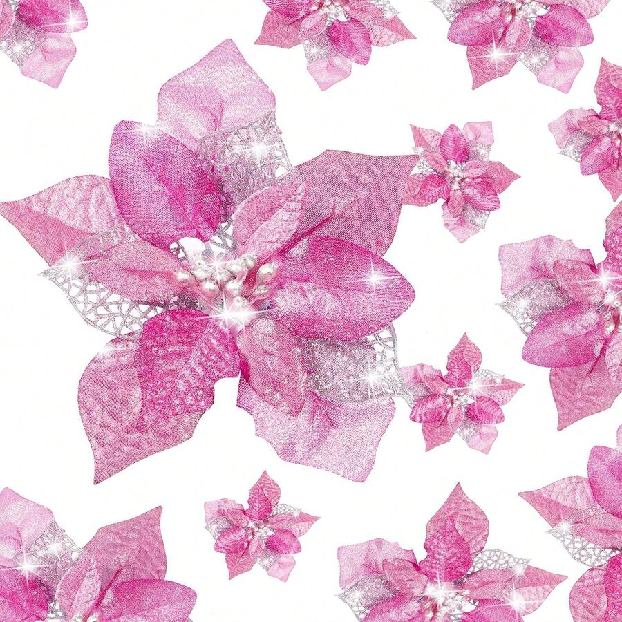 24 Pieces Christmas Artificial Glitter Poinsettia Flowers Xmas Flowers Wedding Christmas Tree New Year Ornaments (Pink),26173576 - 玫紅色 - 查看 1