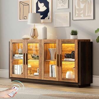 Merluxy Sideboard Buffet Cabinet With LED Lights And Adjustable Shelf, Modern Mixed Color Accent Cabinet With Glass Doors, Functional Storage Console For Dining Room Or Living Room