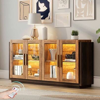 Merluxy Sideboard Buffet Cabinet With LED Lights And Adjustable Shelf, Modern Mixed Color Accent Cabinet With Glass Doors, Functional Storage Console For Dining Room Or Living Room