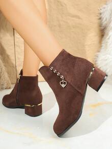 Autumn/Winter New Versatile Boots, Chunky Heel Mid-Heel Ankle Boots, Suede Boots, Ankle Boots, Fashion Versatile Rhinestone Buckle Plus Size Boots - Brown - View 5