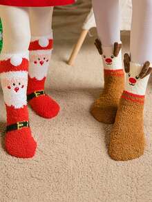 1Pair Women Fuzzy Socks, Cartoon Santa Claus, Elk And Snowman Patterns Mid-Calf Socks Thick Warm Comfortable Christmas Party Gifts Women Socks - Multicolor - View 6