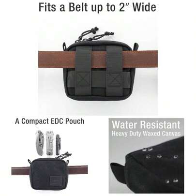 Belt Pouch Men Women Zippers, EDC Belt Pouch Bag Waist Pack Hiking, Traveling, Outdoors, Resistant, Waxed Canvas, Black, Black, Small, Side Gusset Design