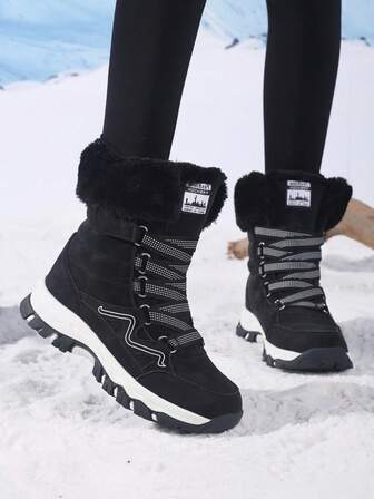 Women's Snow Boots, New Autumn/Winter High-Top Mid-Calf Lace-Up Comfortable Thick-Soled Non-Slip Durable Solid Black Casual Boots, Suitable For Young Women, Fashion Outdoor Hiking Trekking, Thick Plush Lining, Waterproof Leather Upper