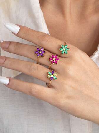 1 Piece Set Of Colorful Zirconia Flower Open Ring, Gold Adjustable Ring With Multi Colored Gemstone Flower Details, Is A Fashionable Jewelry For Women, Perfect For Daily Styling, Party Styling, And Seasonal Fashion Occasions