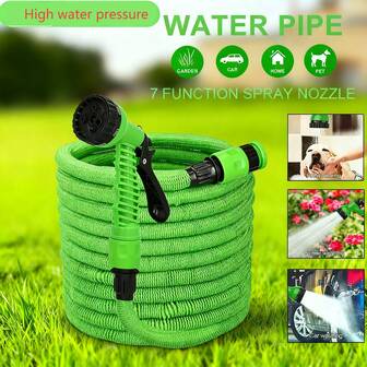 重型花园橡胶软管，带7个喷嘴 - 柔韧、轻便、可伸缩，适用于庭院、草坪、洗车和户外用途，黑色，可用于洗车、浇灌庭院，外观时尚，持久耐用。