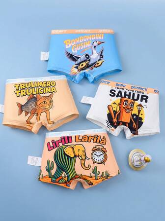 4 件套男童卡通印花内裤，男生内衣，带趣味图案三角裤