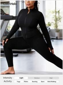 Plus Size Slim Fit Curve Flattering Sports Jacket, Black, Thumb Hole, Super Breathable, Full Zip Stand Collar, Slim Fit Slimming, Free Movement, Suitable For Autumn/Winter Fitness, Running, Casual Wear - Black - View 7