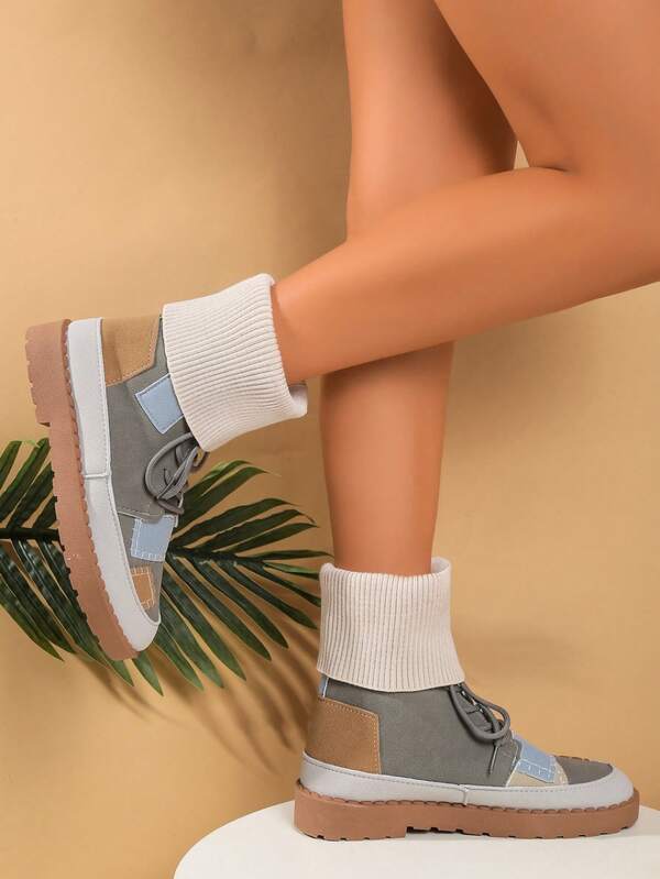 New Stylish Comfortable Unique Design Casual High-Top Short Boots, Anti-Slip Color Block Patchwork Casual PU Leather Lace-Up Outdoor Shoes For Women, Autumn