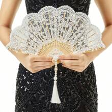 NEW-Lace Hand Fan Non-Foldable Vintage Bridal Handheld Fans With Rhinestone And Embroidered For Wedding Decoration Dancing Party (Gold) - C-白色 - 查看 1