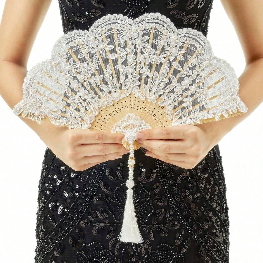 NEW-Lace Hand Fan Non-Foldable Vintage Bridal Handheld Fans With Rhinestone And Embroidered For Wedding Decoration Dancing Party (Gold) - C-白色 - 查看 1