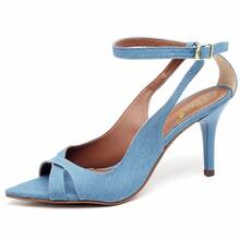 Women's Sandals With Thin Medium Heel And Leaf Toe - Blue - View 9