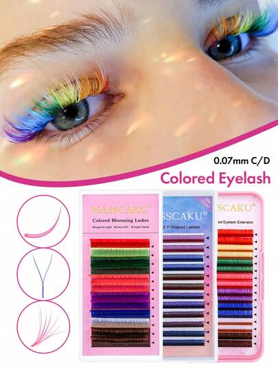 12 خط ملون من إطالة الرموش على شكل Y/كلاسيكي بلون أحمر/بني/وردي/أصفر/بنفسجي/أزرق/أخضر/أبيض/أسود أزرق/بنفسجي أسود/أرجواني مختلط الألوان والأطوال، مناسب للاستخدام في صالونات التجميل المحترفة (0.07-C D,8-15 مم)