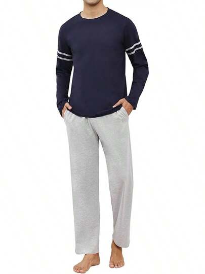 Hombre Pijama Algodon Confortable Cuello Redondo Manga Larga Ropa Dormir