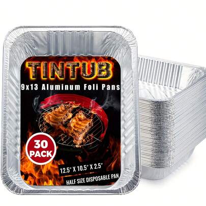 30er-Packung verdickte Aluminiumpfannen (32,5 cm x 26,2 cm), Einweg-Aluminiumfolienpfannen, robuste, halbe Größe, Backblech aus Aluminiumfolie zum Kochen, Backen, Braten und Schrubben, Kartonverpackung