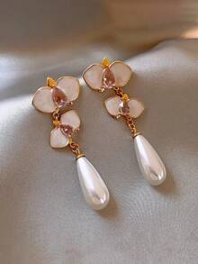 1 Coppia di orecchini a goccia in perla smaltata con orchidea farfalla retrò, gioielli di moda da donna, adatti per banchetti, feste, appuntamenti quotidiani e uso quotidiano