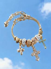 1 chiếc vòng tay thời trang hình thánh giá và trái tim cổ điển tông vàng, phụ kiện hàng ngày và tiệc tùng, quà tặng cho cô ấy - Nhiều màu - Xem 5