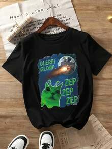Camiseta 100% algodón de Mujer con Silueta de Caballo en Blanco y - Diseño Casual Elástico con Secuencia de Corcel Galopante, Lavable a Máquina, No Transparente, Manga Corta, Material Transpirable, Versátil para Amantes de la Moda - Negro - Ver 2